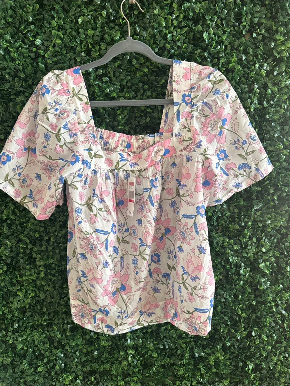 NEW NWT 🐳 THALIA FLORAL  Vines Pink & Blue Floral Square-Neck Puff SHIRT XS